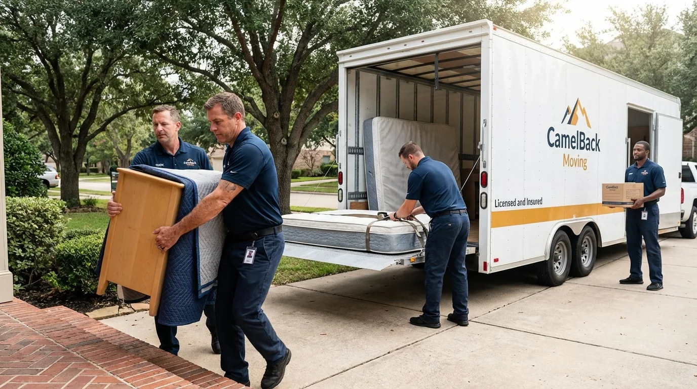 Crew loading residential truck for cross-state move from Bradley, ME