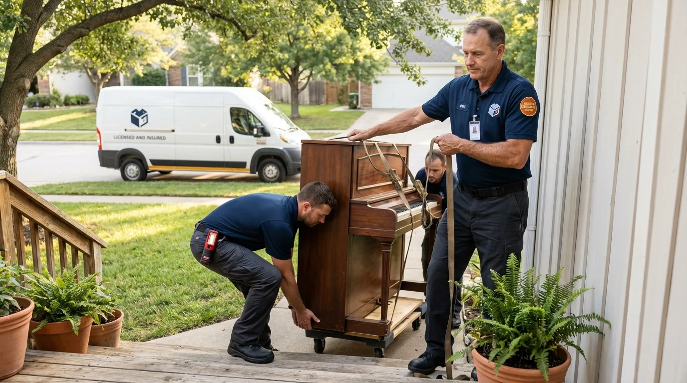 Licensed piano movers securing grand piano in Bradley, ME