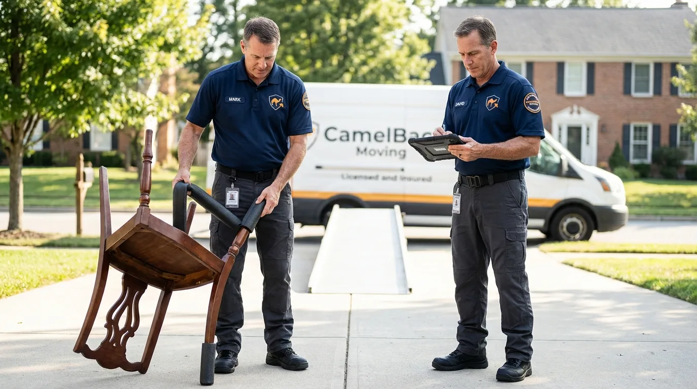 Movers inspecting furniture for damage prevention before loading in Bradley, ME