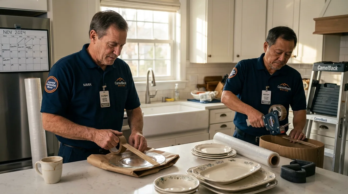 Professional crew packing kitchen dishware in Bradley, ME